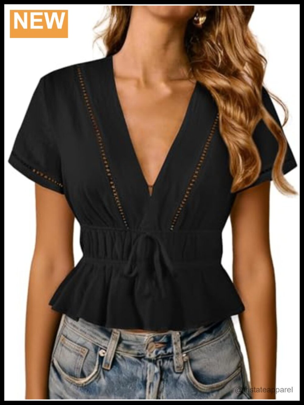 Women's Peplum Top Bow Tie Front V Neck Eyelet Blouse Short Sleeve
